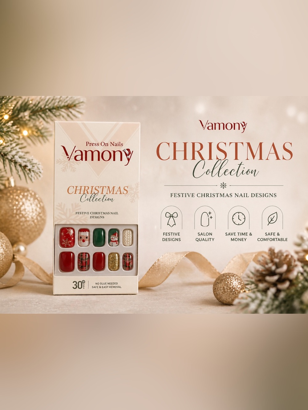 Vamony Christmas Press-On Nail Set - Red, Green, Gold - 30 pieces